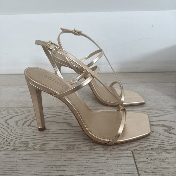 Schutz Gold Square Toe Strappy High Heel Shoe Inez - Picture 3 of 8